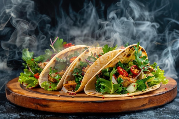 Photo delicious freshly prepared tacos with smoke