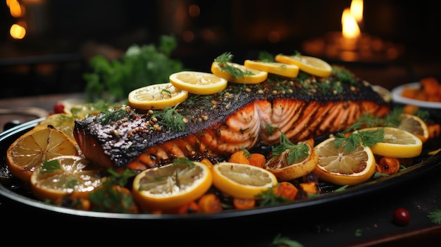 Delicious fried baked salmon fish with lemons