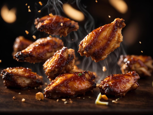 Delicious fried BBQ chicken Floating wings appetizer BBQ sauce of your choice Cinematic advertis