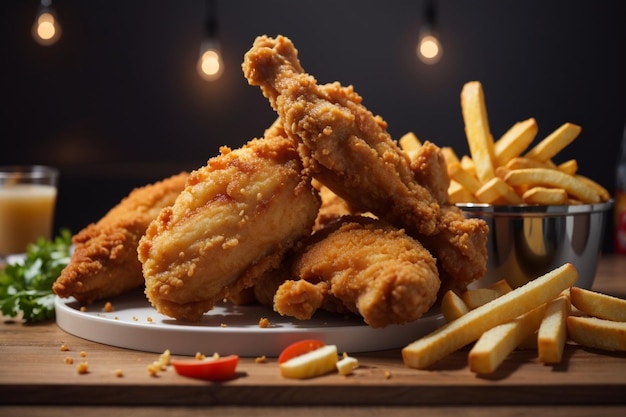 Delicious fried chicken and fries