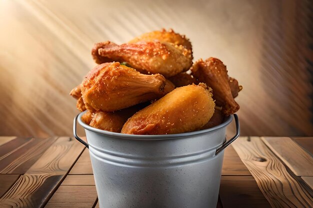 delicious fried chicken legs in a metal bucket fastfood advertising