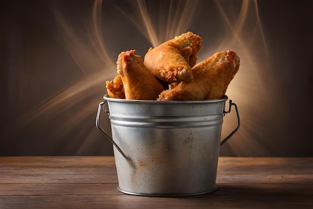 Photo delicious fried chicken legs in a metal bucket fastfood advertising