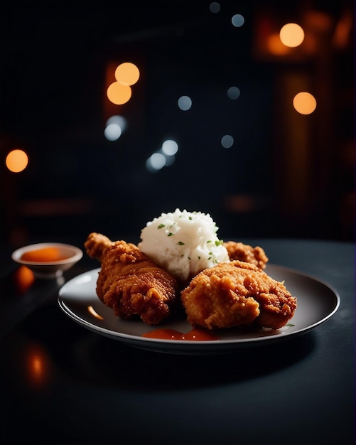 Delicious fried chicken on the plate dark background