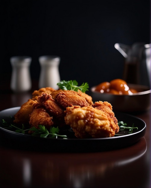 Photo delicious fried chicken on the plate dark background