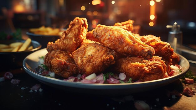 Foto delizioso pollo fritto con salsa agrodolce su un tavolo di legno con uno sfondo sfocato