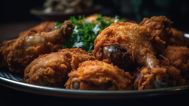 Foto delizioso pollo fritto su una tavola di legno con sfondo nero