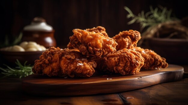 Foto delizioso pollo fritto su una tavola di legno con sfondo nero