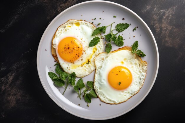 Вкусные яичницы на белой тарелке, вид сверху на темном бетонном фоне