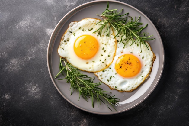 Delicious fried eggs on white plate viewed from above with dark concrete backdrop