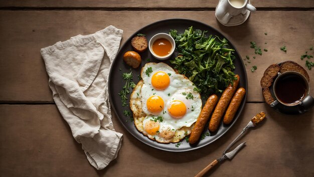 Delicious fried eggs with sausages on the kitchen table