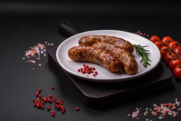 Delicious fried grilled sausages with salt spices and herbs