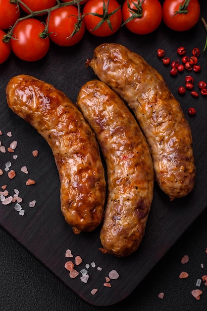 Delicious fried grilled sausages with salt spices and herbs