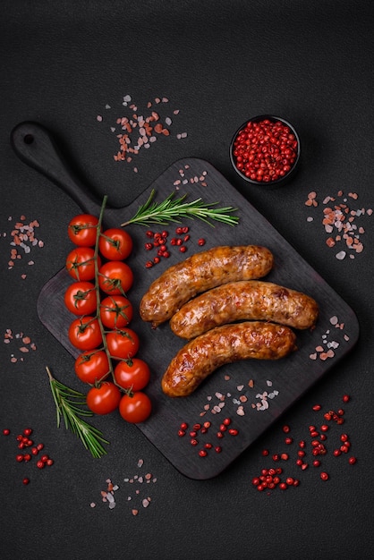 Delicious fried grilled sausages with salt spices and herbs