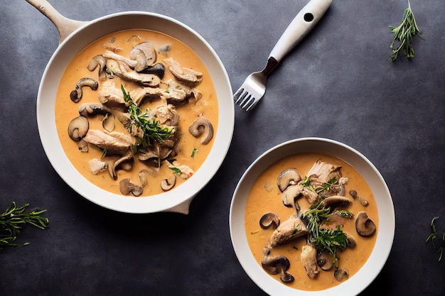 Delicious fried mushrooms in frying pan in magnificent creamy sauce