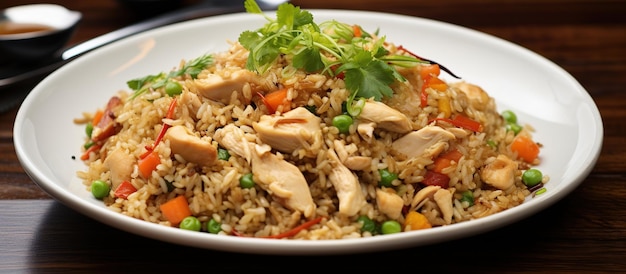 Delicious Fried rice with chicken served on white plate AI generated image