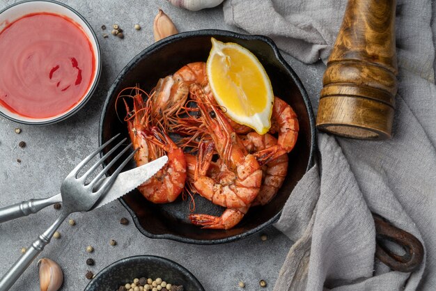 Delicious fried tiger shrimp on the slate