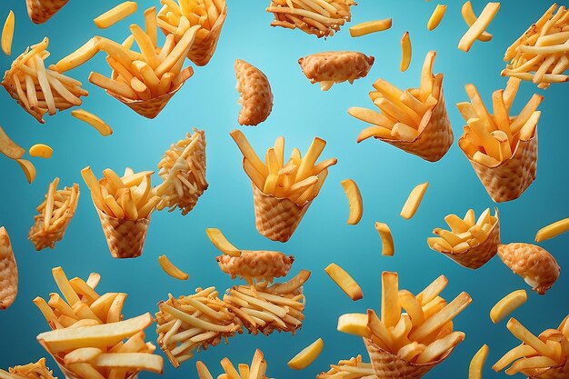 Photo delicious fries floating in the air generative ai