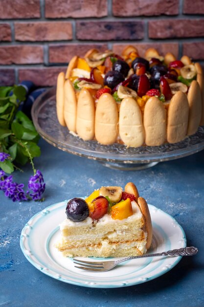 Delicious fruit cake (Turkish name; meyveli yas pasta, karisik meyveli yas pasta)