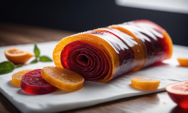 Foto un delizioso rotolo di frutta artisticamente esposto su una tela bianca incontaminata