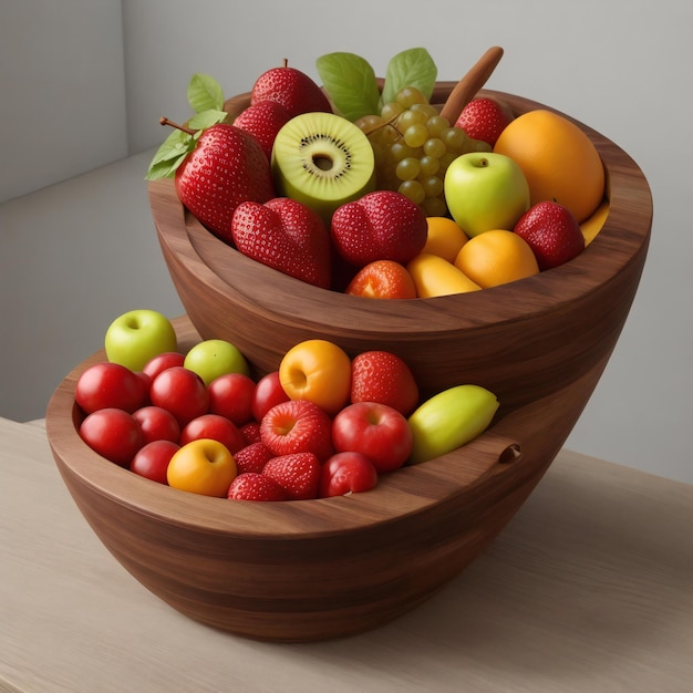 Delicious fruit on a wooden bowl