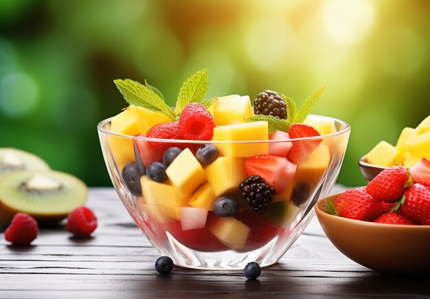 delicious fruits salad in a glass bowl on a table