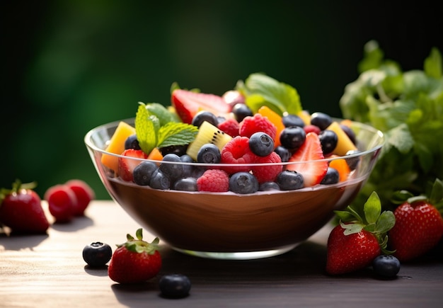 delicious fruits salad in a glass bowl on a table