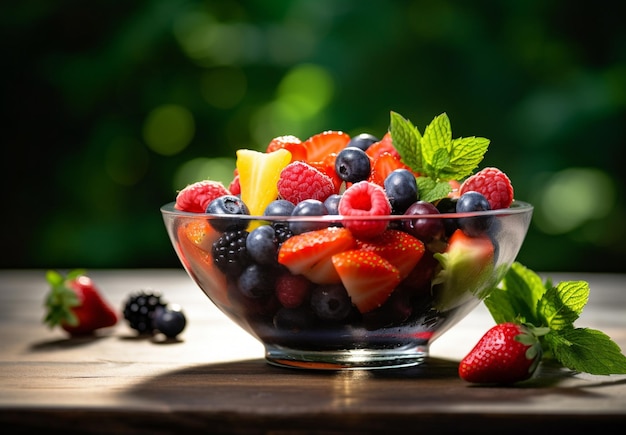 delicious fruits salad in a glass bowl on a table