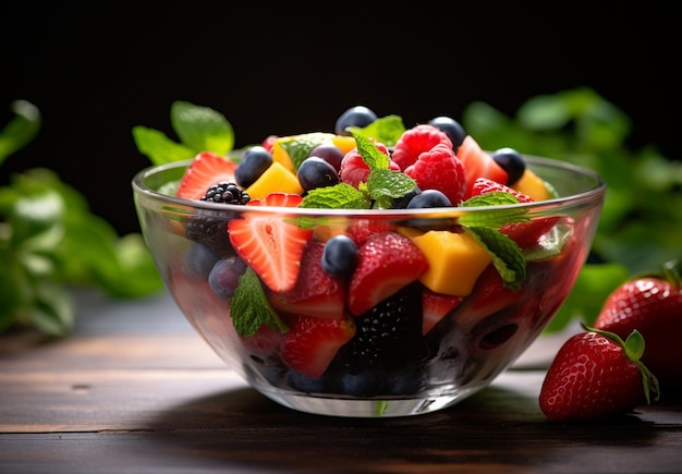 delicious fruits salad in a glass bowl on a table