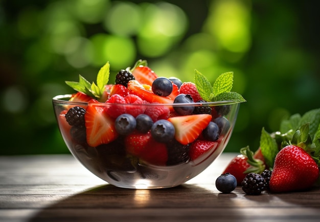 delicious fruits salad in a glass bowl on a table