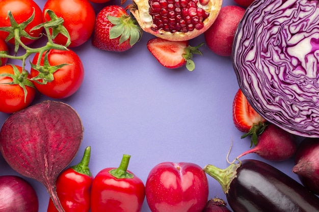 Delicious fruits and vegetables flat lay