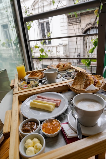 Delicious full American breakfast service at a hotel room