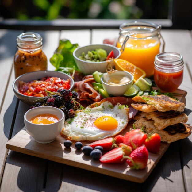 Photo a delicious fusionstyle breakfast spread on a table featuring a variety of mouthwatering dishes and vibrant colors