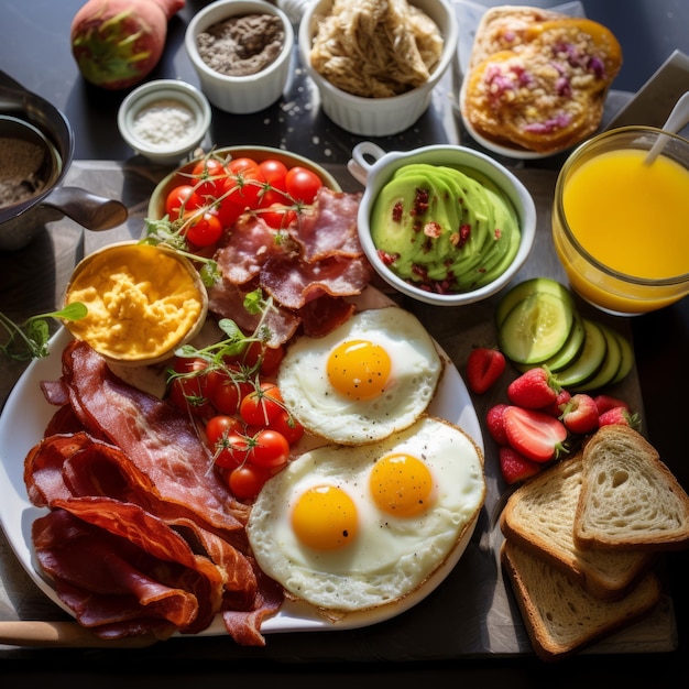 A delicious fusionstyle breakfast spread on a table featuring a variety of mouthwatering dishes and vibrant colors