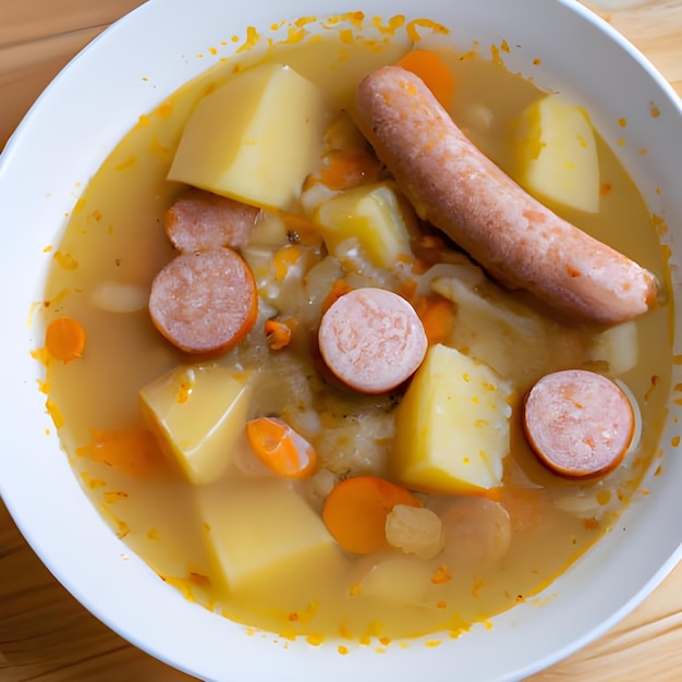 Delicious German potato vegetable soup with sausages in a bowl closeup on the table