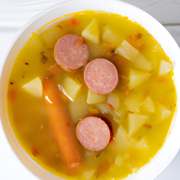 Delicious German potato vegetable soup with sausages in a bowl closeup on the table