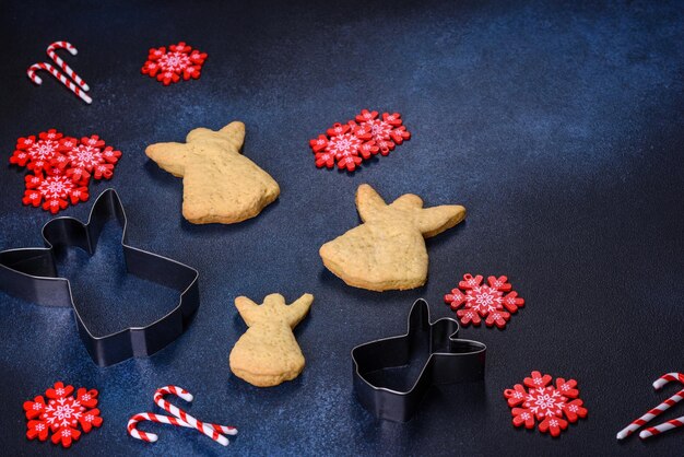 Delicious gingerbread cookies with honey ginger and cinnamon Christmas composition