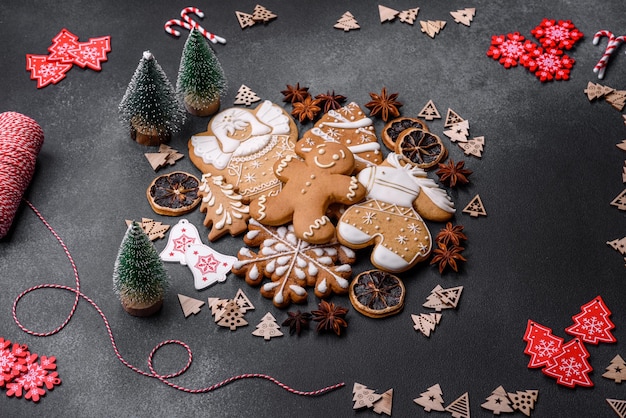 Delicious gingerbread cookies with honey ginger and cinnamon Winter composition