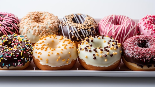 Photo delicious glamorous donuts with glaze on light background top view generative ai