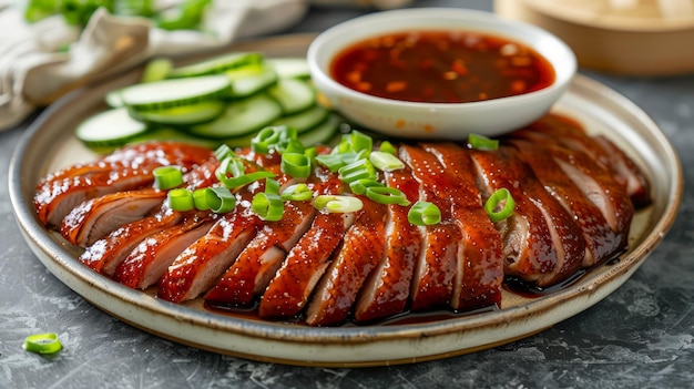Delicious Glazed Roasted Duck Slices on Plate with Cucumber and Sweet Chili Sauce on Dark Stone