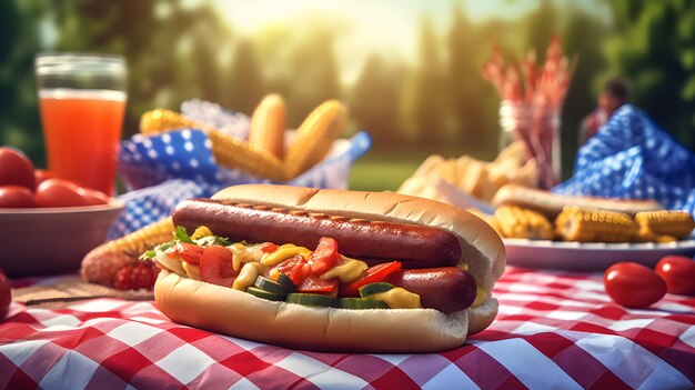 Delicious Gourmet Hot Dog on Bun with Fresh Vegetables and Crispy French Fries