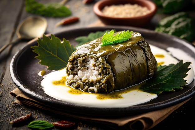 Delicious grape leaf stuffed dolma sarma with rice and white yogurt sauce On a dish dolma sarma from Lebanon Greek and Turkish Middle Eastern food from Lebanon Yaprak sarma in Turkish