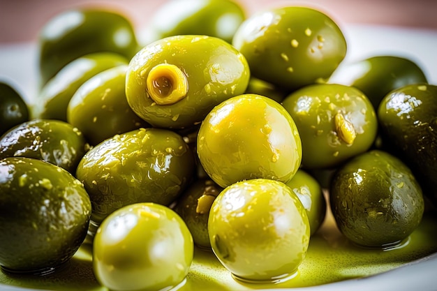 Delicious green olives with extra virgin olive oil up close