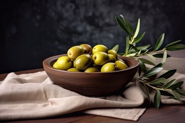 Delicious green olives with leaves in a plate with a towel