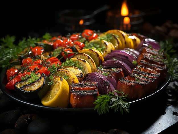 Delicious Grill Delights CloseUp of Grilled Vegetable Skewers with Colorful Peppers and Juicy Vege