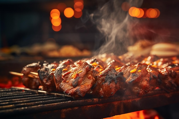 Delicious grilled beef or pork over a charcoal grill at the street food market at night