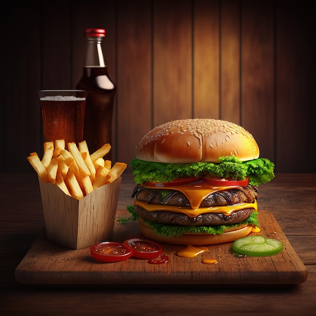 Delicious grilled burger isolated with cold Drink and fries