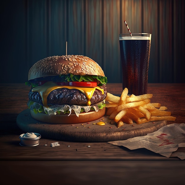 Delicious grilled burger isolated with cold Drink and fries