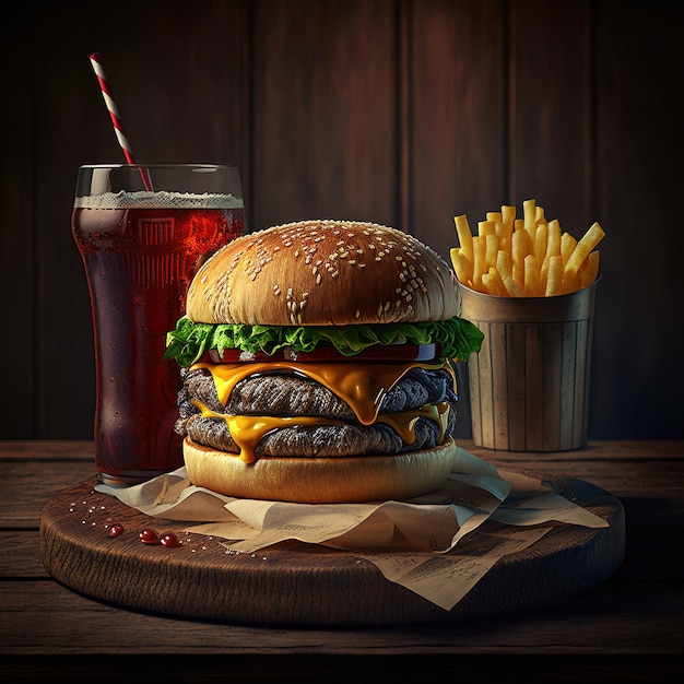 Delicious grilled burger isolated with cold Drink and fries