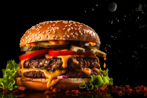 Foto delizioso cheeseburger alla griglia con insalata sullo sfondo dello studio