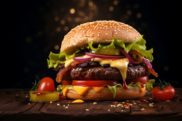 Delicious Grilled Cheeseburger with Salad on Studio Background